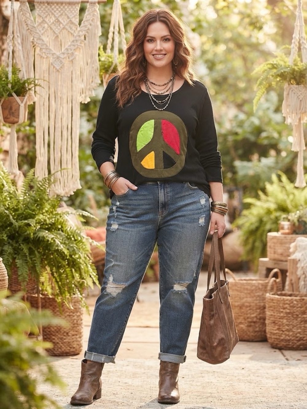 Kathmandu Ribbed long sleeve cotton top with Patchwork peace sign appliqué